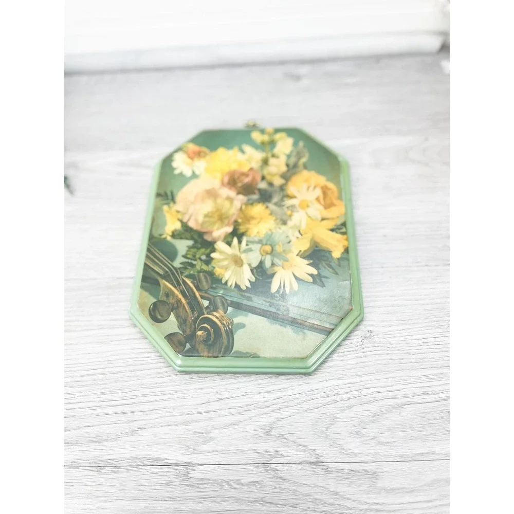 Vintage Floral Print on‎ Green Wood: Violin & Butterfly Art
